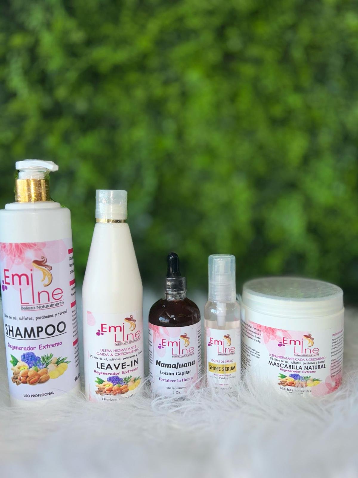 Emi Line Dominican hair care product lineup available at Cayena Beauty Salon